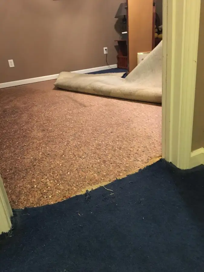 Carpet pad removal revealing water damage during Drying & Dehumidification in Cullman